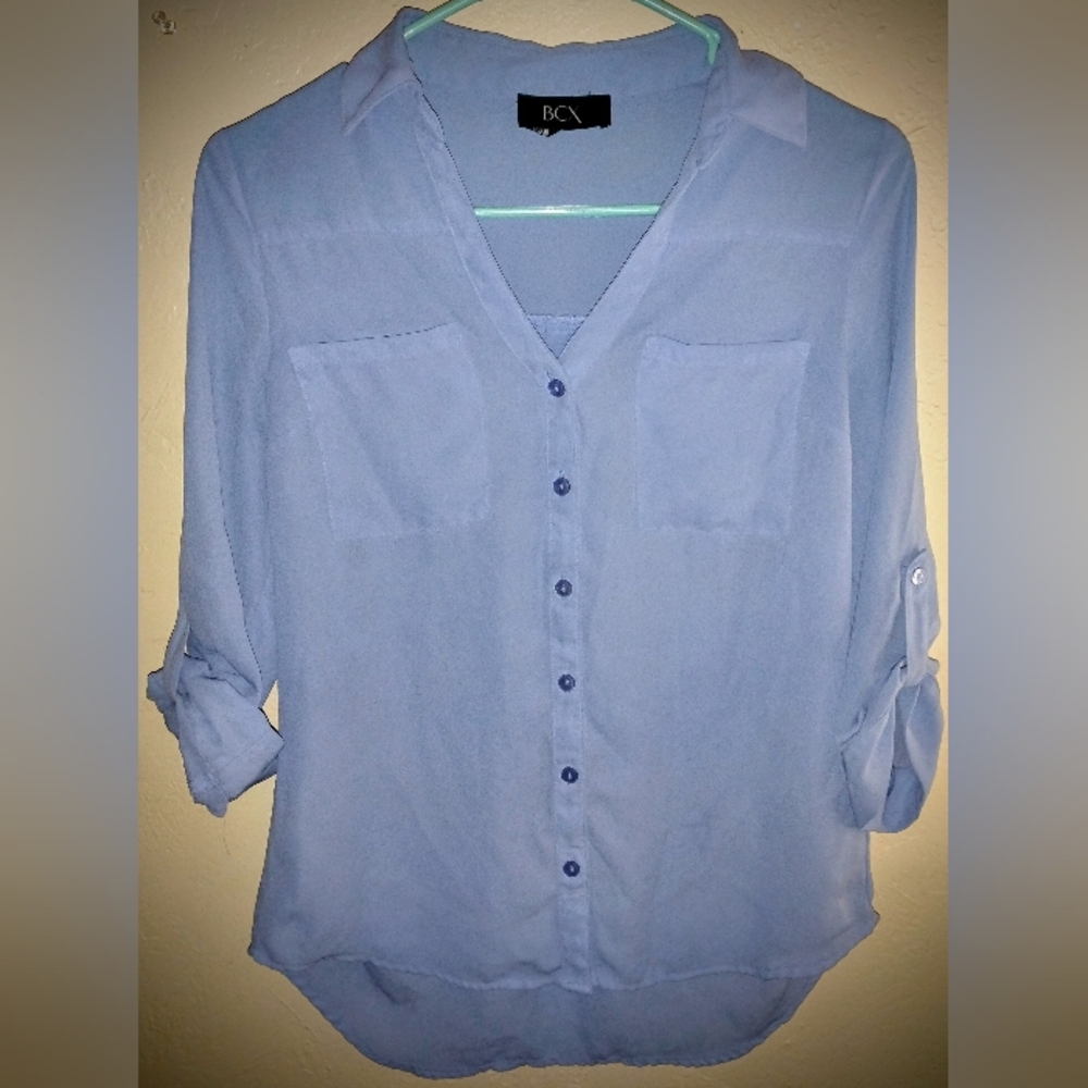 BCX Sky Blue Size SX V-Neck Business Casual Blouse